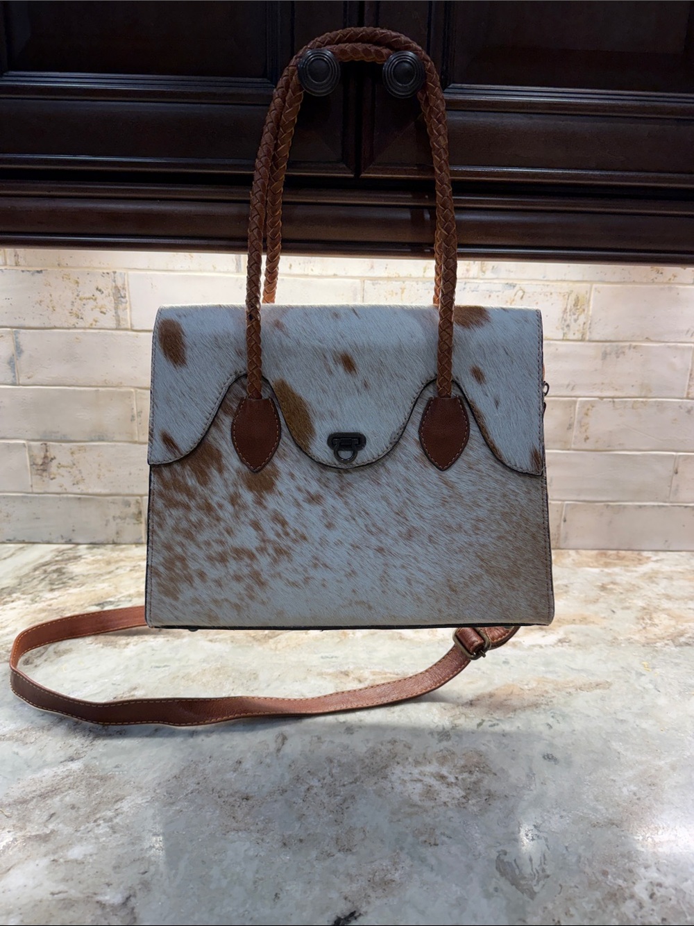 Cowhide Two-Tone Brown & White Braided-Handle Satchel
